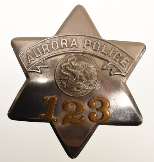 Obsolete Aurora ILL Police Pie Plate Badge No.123