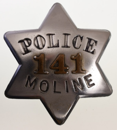 Obsolete Moline ILL Police Pie Plate Badge No.141