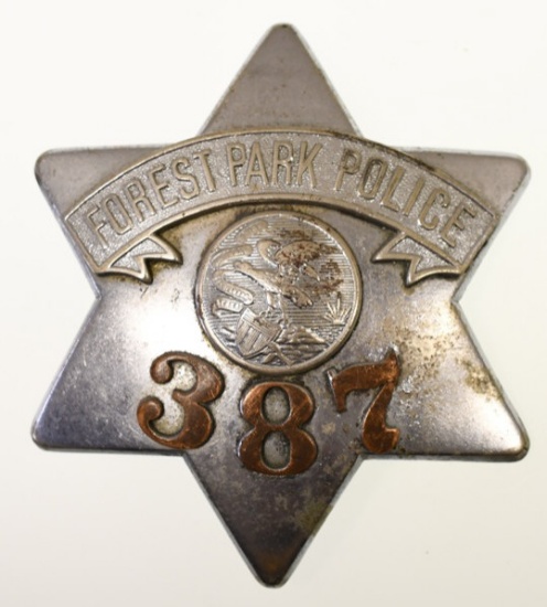 Obsolete Forest Park Police Pie Plate Badge No.387