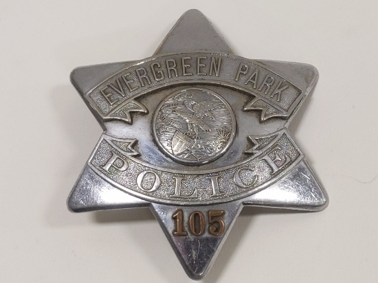 Obsolete Evergreen Park Police Pie Plate Badge 105