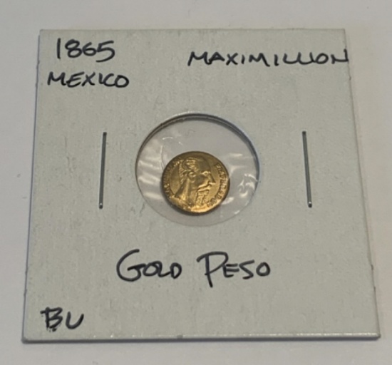 1865 Mexico Emperor Maximillion Gold Peso, BU