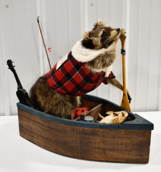 Full Body Fishing Raccoon In Boat w/ Perch