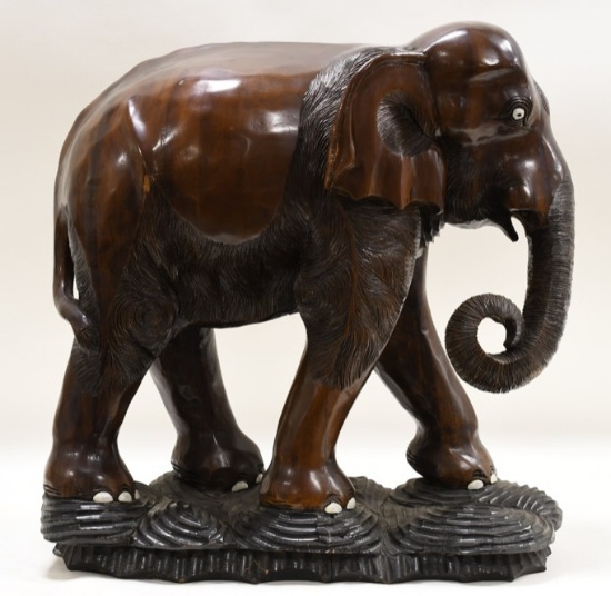 Large Hand Carved Wooden Elephant Statue