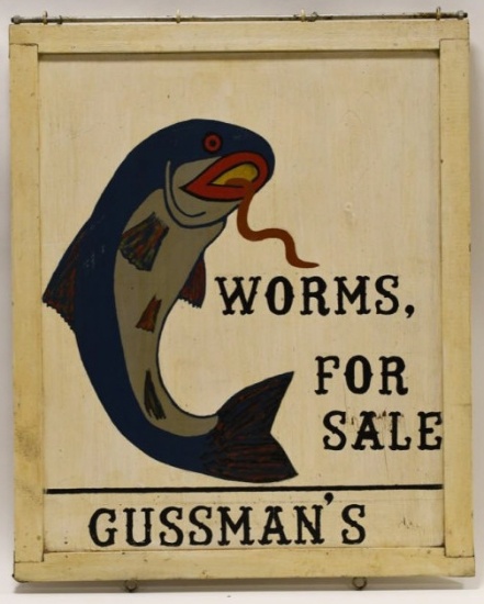 Vintage DS Wood Gussman's Fishing Bait Trade Sign