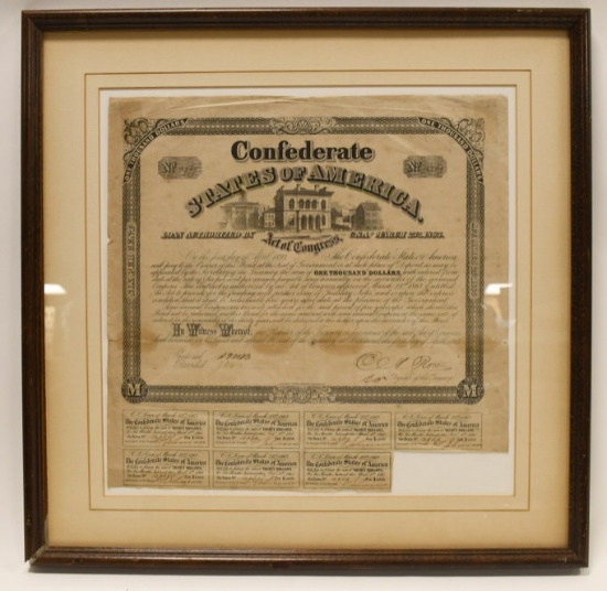 Framed Civil War Confederate $1000 War Bond