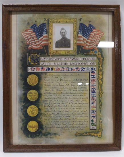 Framed WW2 WIA Certificate Of War w Allied Nations