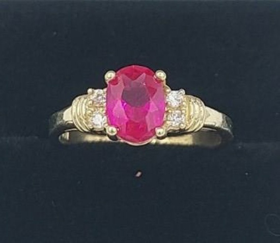 Ladies 14K Yellow Gold Ruby Ring with Diamonds