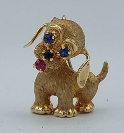 14K Yellow Gold Puppy Dog Brooch Pendant
