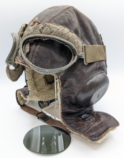 WW2 Era Leather Pilots Fleece Lined Cap.