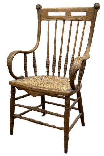 Antique Oak Cane Spindle High Back Arm Chair