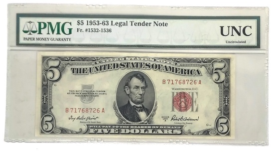 1953 A $5 U.S. Legal Tender Note PMG UNC