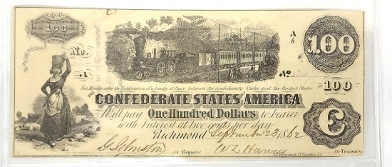 1862 Confederate States Of America $100 Train Note