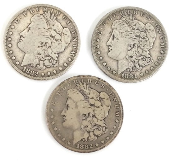 1881-S & (2) 1882 Morgan Silver Dollars