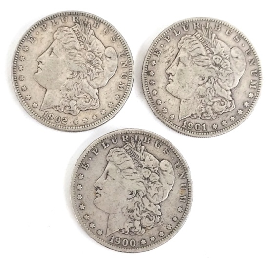 1900-S, 1901-S, & 1902 Morgan Silver Dollars