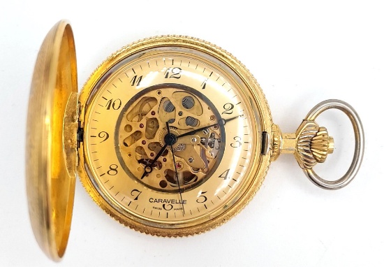 Caravelle Skeleton Face Hunting Case Pocket Watch