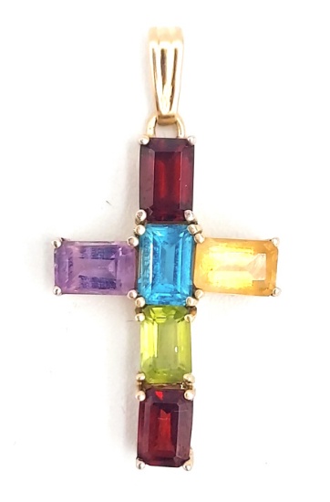 14K Yellow Gold Multi-Gemstone Cross