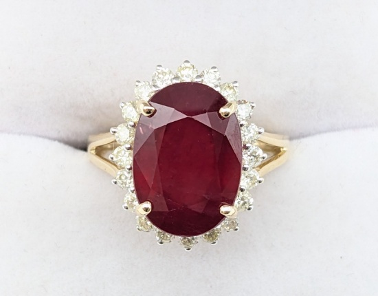 14K Yellow Gold 9.89 Carat Ruby & Diamond Ring