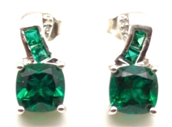 Sterling Silver Emerald & Genuine Diamond Earrings