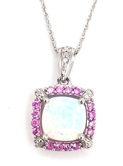 Sterling 2ct Fire Opal & Pink Sapphire Necklace