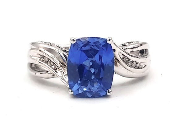 Sterling Silver 2.0ct Ceylon Sapphire Diamond Ring
