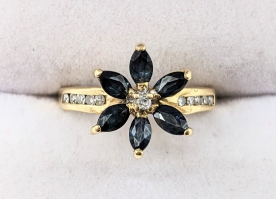 Ladies 14K Gold Blue Sapphire & Diamond Ring