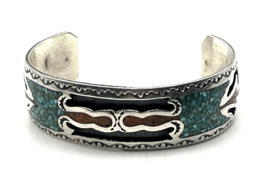 Sterling Silver Navajo Turquoise and Coral Cuff