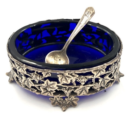 Sterling Silver English Salt Cellar and Spoon