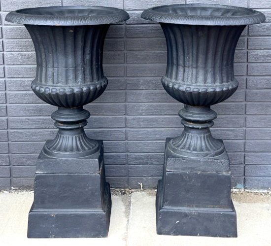 (2) Black Cast Iron Fluted Urn Planters