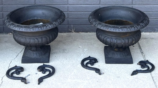 (2) Black Cast Iron Urn Planters w/ Handles
