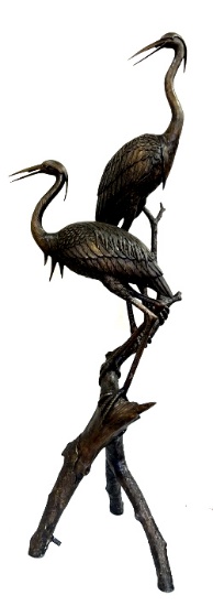 75'' Tall Bronze Lifesize Cranes on Log Fountain