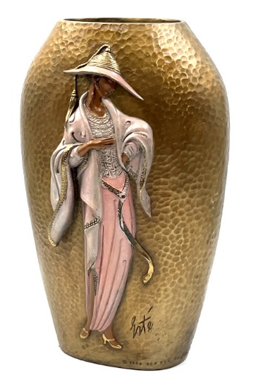 Erte Roman Tirtoff Hammered Bronze & Enamel Vase