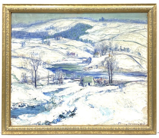 Antique Artist Signed Oil on Canvas Winter Scene