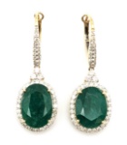 18k Yellow Gold Emerald & Diamond Dangle Earrings