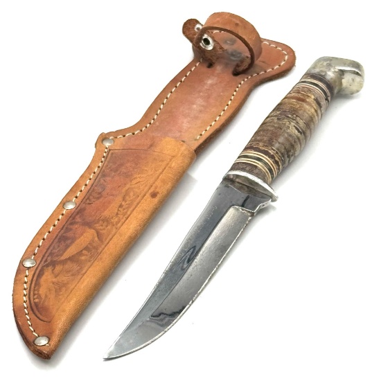 Boker USA Tree Brand 155-5 Fixed Blade Hunting Knife with Leather Sheath