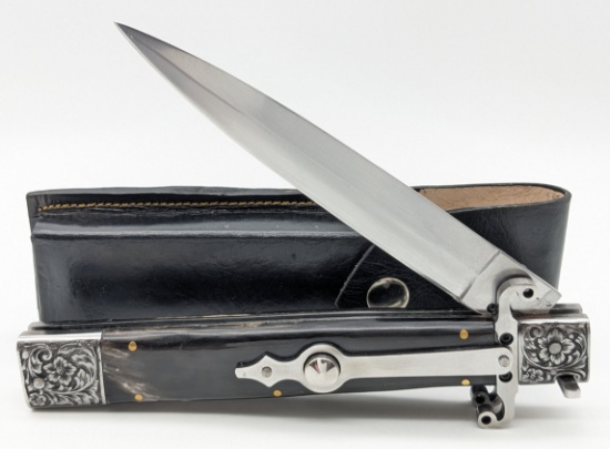 Large Engraved Buffalo Horn Stiletto Switchblade Knife w/ Sheath