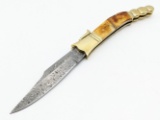 Large Smooth Bone Rattlesnake Rain Drop Damascus Leverlock Switchblade Knife