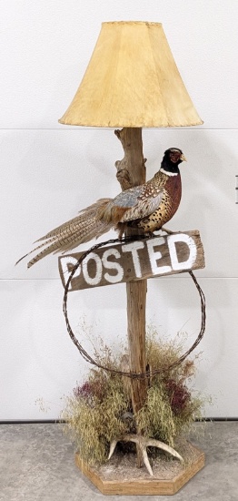 Pheasant On a Fence Post Deer Skin Floor Lamp