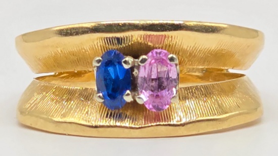 Ladies 14K Yellow Gold Pink & Blue Sapphire Cocktail Ring