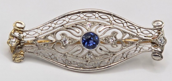 Antique 14K White & Yellow Gold Art Deco Diamond & Sapphire Filigree Bar Pin