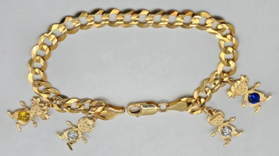 14K Yellow Gold Cuban Link Bracelet With Four Children Charms