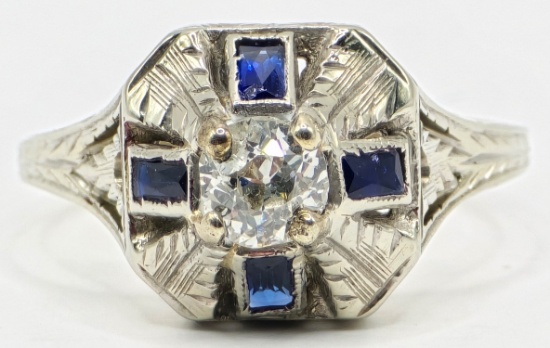 Antique Art Deco 18K White Gold Diamond & Sapphire Ring