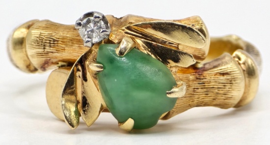 Ladies 14K Yellow Gold Jade & Diamond Insect Bamboo Ring