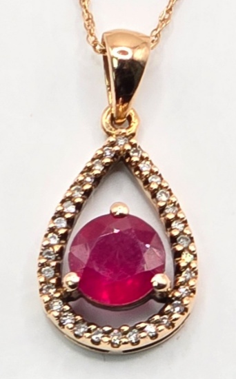 Ladies 14K Rose Gold Ruby & Diamond Pendant And Chain
