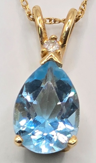 Ladies 14K Yellow Gold Blue Topaz & Diamond Pendant & Chain