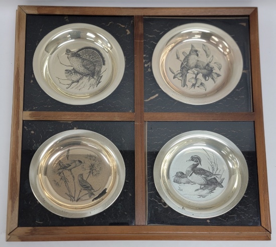 4 Pc. Franklin Mint Framed National Audubon Society Sterling Silver Etched Bird Plates