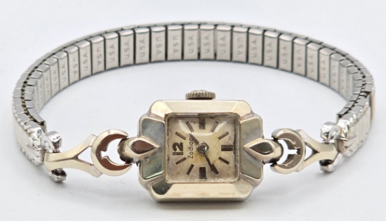 Vintage Ladies Swiss Zodiac 14K White Gold Wristwatch