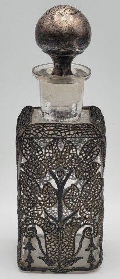 Antique Glass Perfume Bottle With Metal Filigree & Sterling Stopper