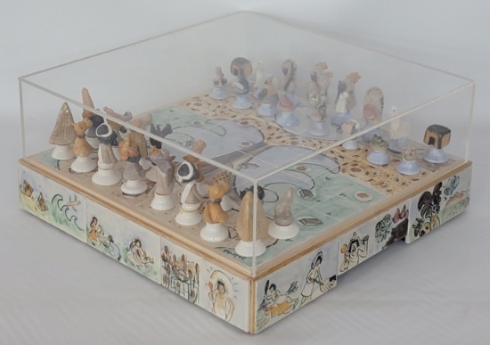Vintage Helibar Israel Hand-Painted Ceramic Tile Chess Set With Pieces