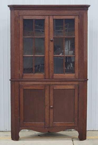 Primitive Glass Front Wood Corner Cabinet