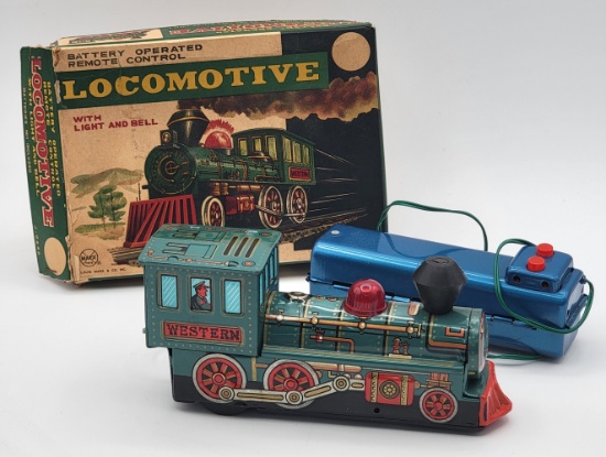 Vintage Marx Tin Litho Battery Operated Remote Control Western Locomotive NIB